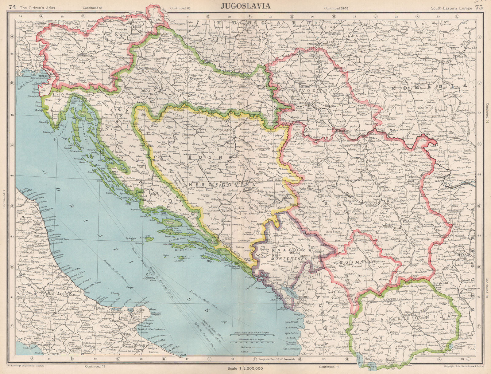 YUGOSLAVIA. Shows Independent Free Territory of Trieste. BARTHOLOMEW 1952 map